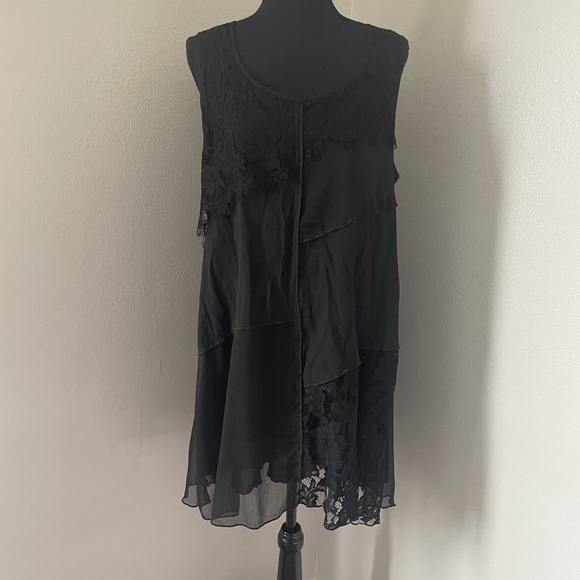 VTG PRETTY ANGEL Sz M Black Lace Trim Side Slits Tunic Top Whimsigoth Patchwork - Picture 2 of 12